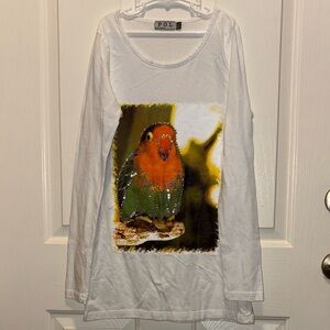 POL White Long Sleeve Top with Vibrant Bird Print